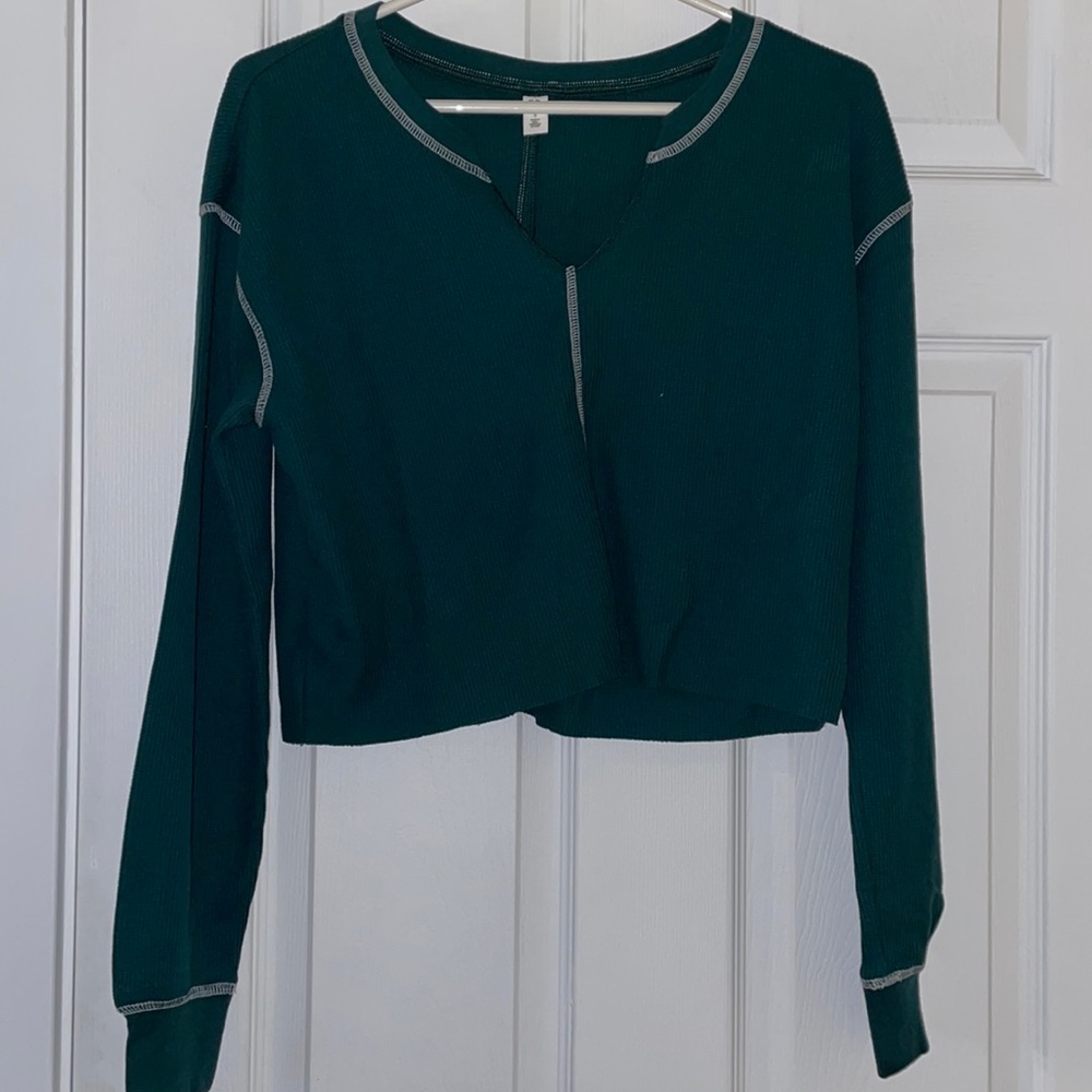 Bp forest green waffle Henley basic long sleeve top sustainable organic blend